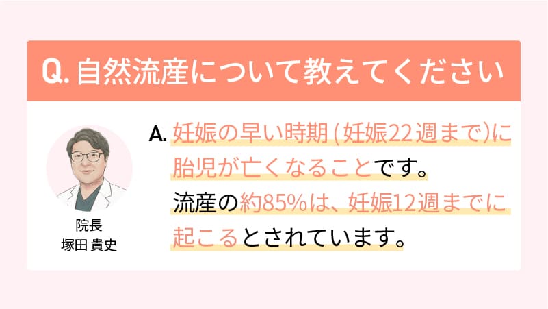 Q.自然流産について教えてください A.妊娠の早い時期 (妊娠22週まで)に 胎児が亡くなることです。流産の約85%は、 妊娠12週までに起こるとされています。院長 塚田 貴史（つかだ たかふみ）
